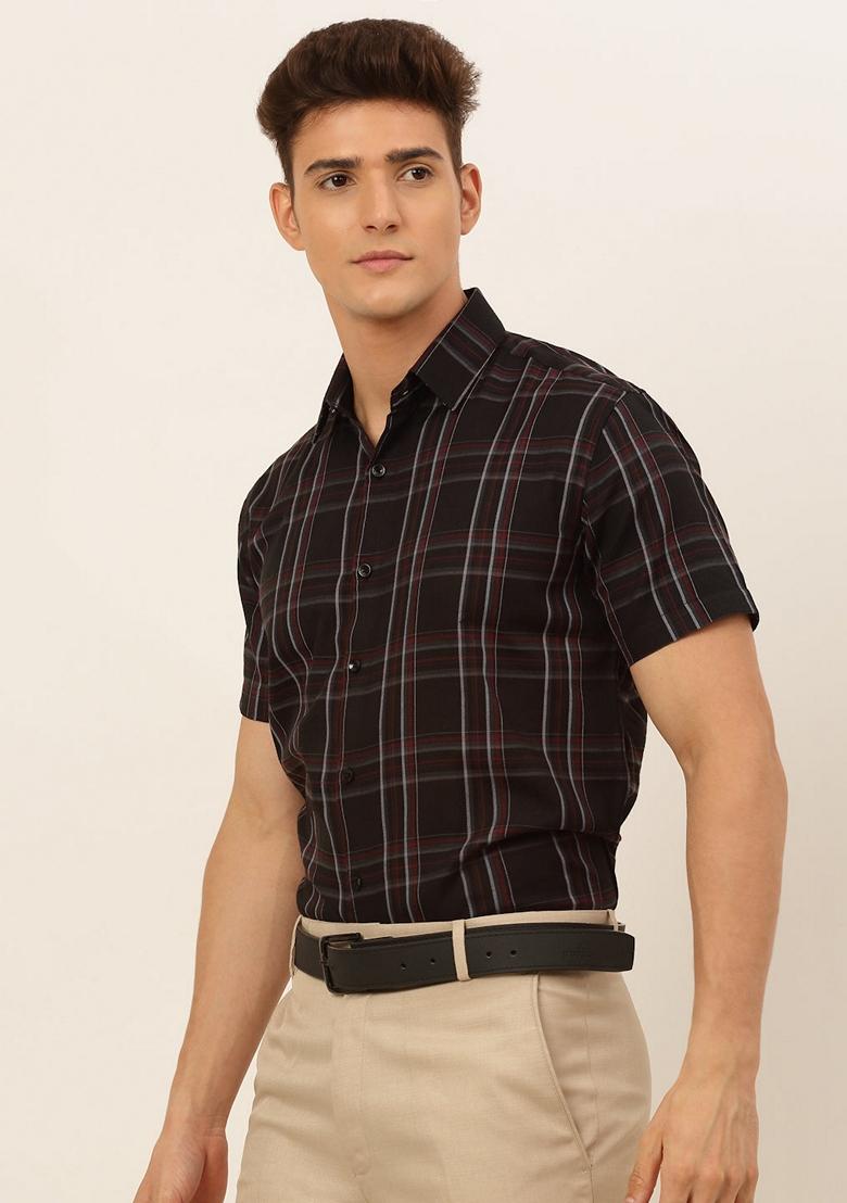 Black Checkered Cotton Shirt For Men