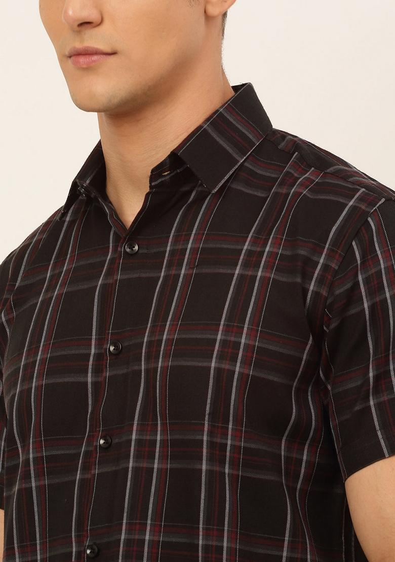 Black Checkered Cotton Shirt For Men