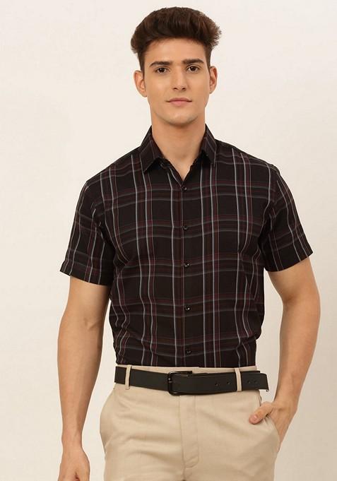 Black Checkered Cotton Shirt For Men