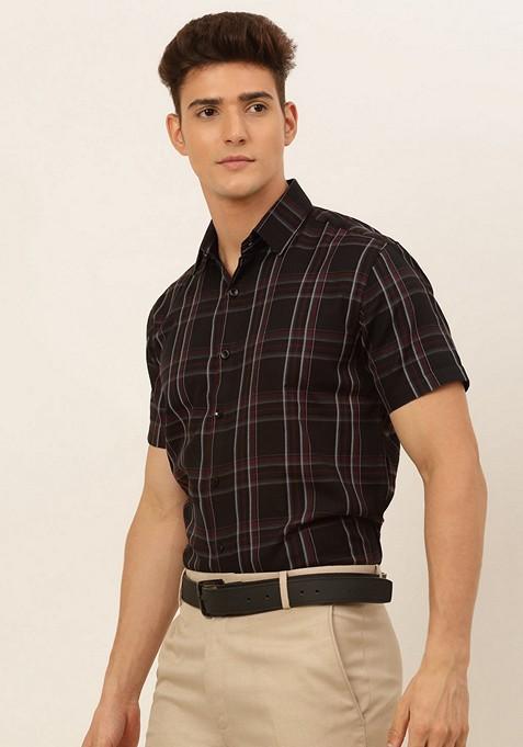 Black Checkered Cotton Shirt For Men