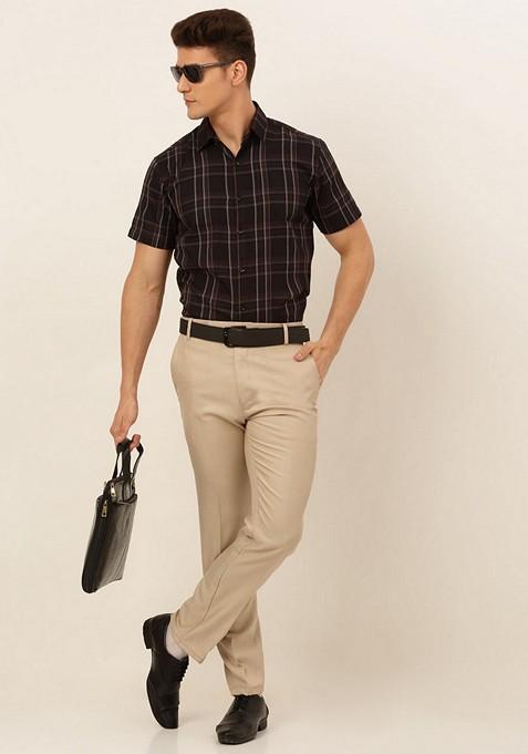Black Checkered Cotton Shirt For Men