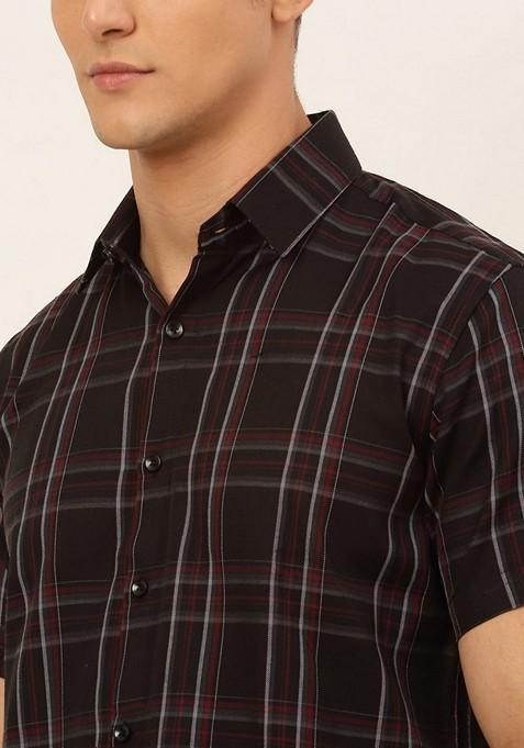 Black Checkered Cotton Shirt For Men