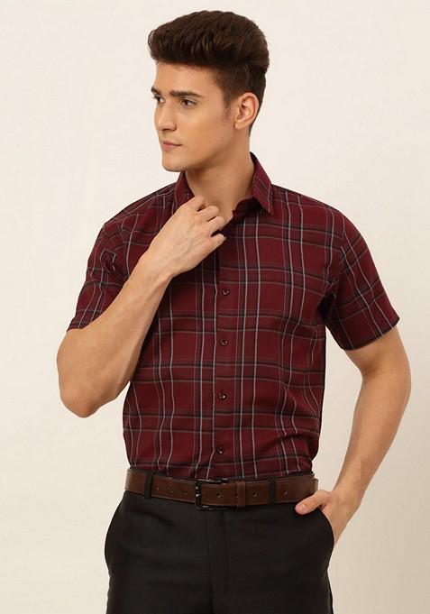 Maroon Checkered Cotton Shirt For Men