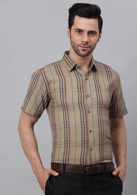 Brown Checkered Cotton Blend Shirt For Men