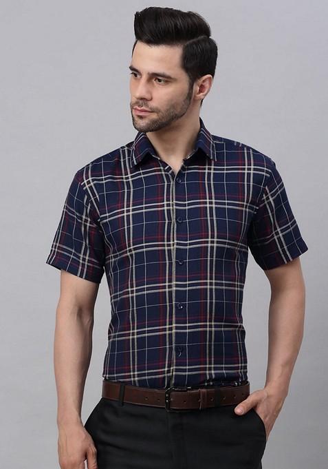 Navy Blue Checkered Cotton Blend Shirt For Men