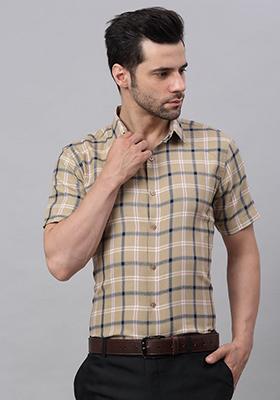 Beige Checkered Cotton Shirt For Men