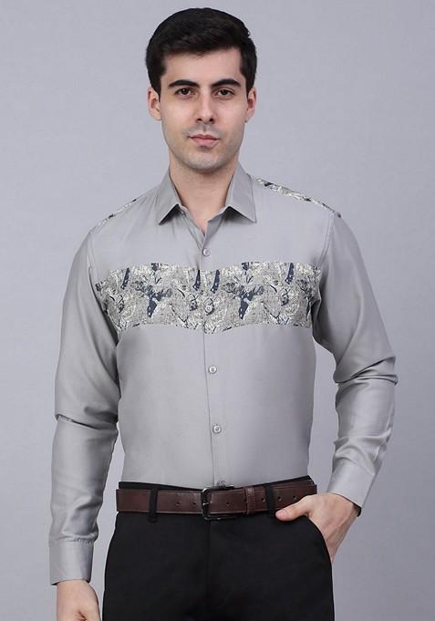 Grey Printed Cotton Shirt For Men