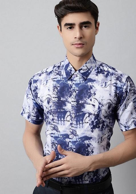 Blue Printed Cotton Shirt For Men