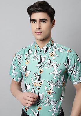 Green Printed Cotton Shirt For Men