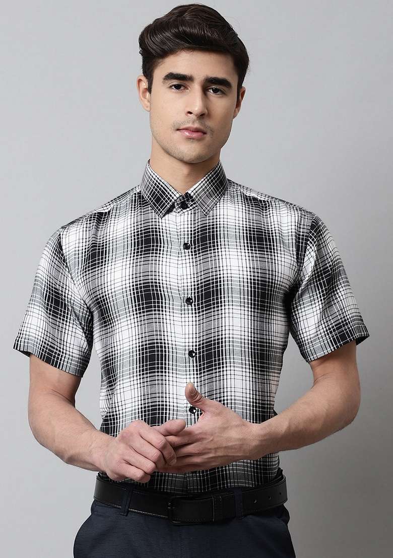 Black Checkered Cotton Shirt For Men - Indya
