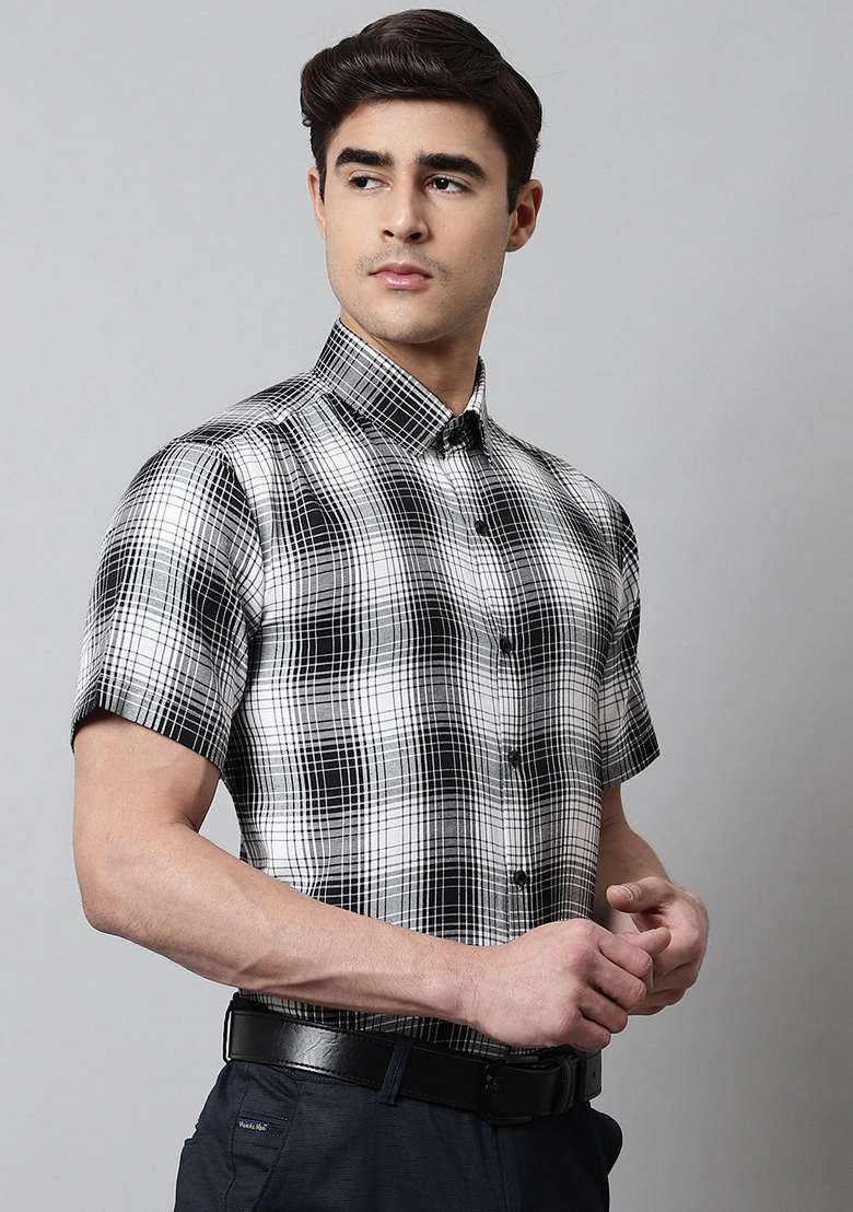 Black Checkered Cotton Shirt For Men - Indya