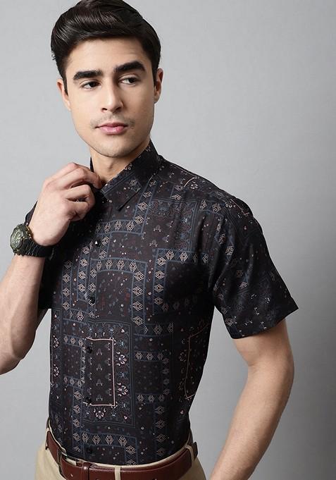 Black Printed Cotton Shirt For Men