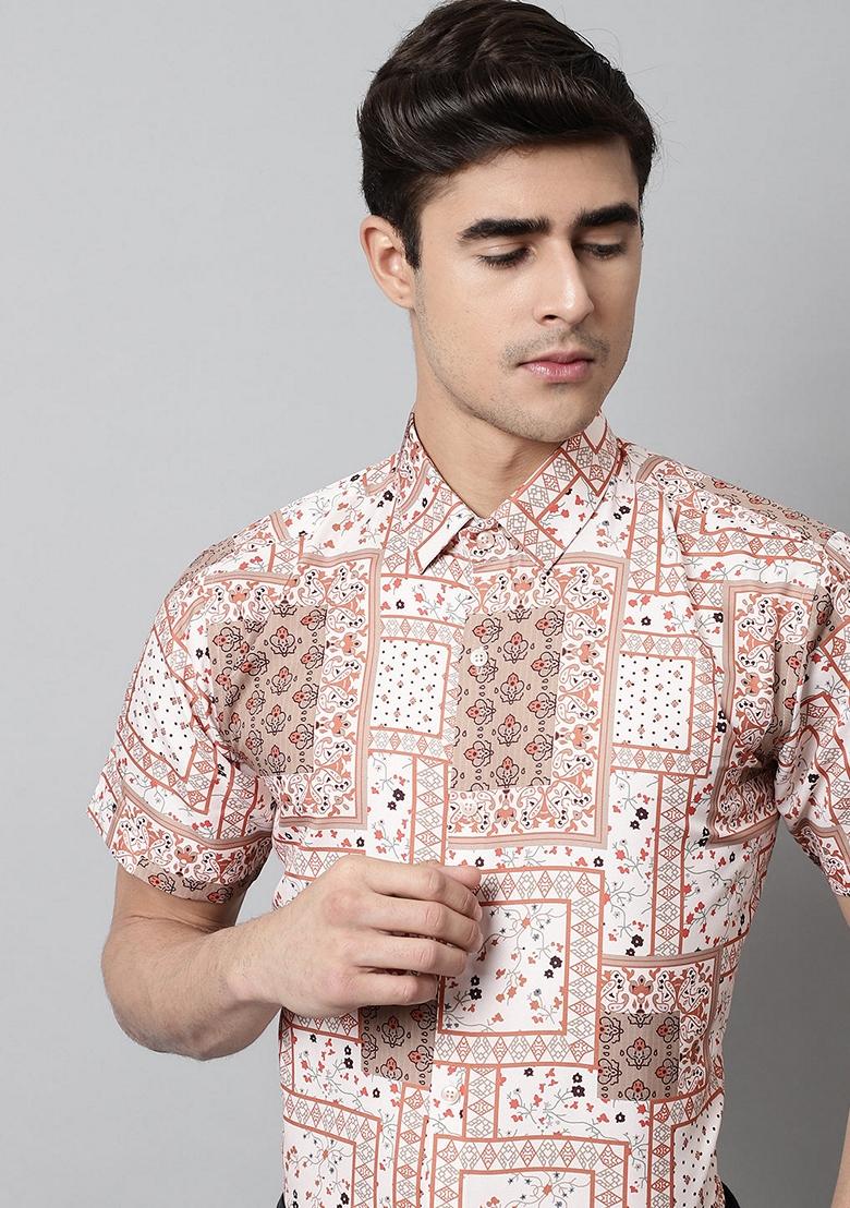 Peach Printed Cotton Shirt For Men