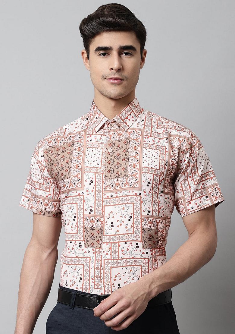 Peach Printed Cotton Shirt For Men
