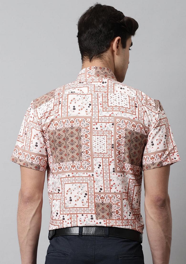 Peach Printed Cotton Shirt For Men