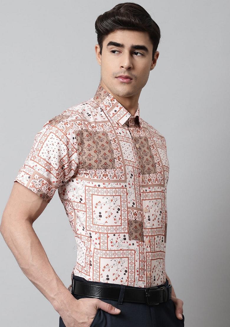 Peach Printed Cotton Shirt For Men