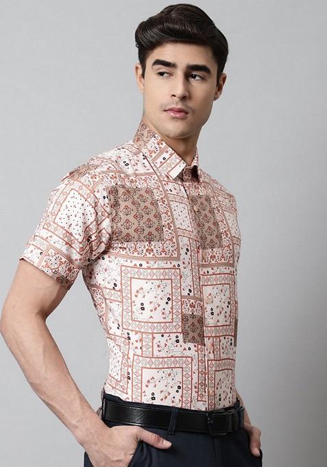 Peach Printed Cotton Shirt For Men