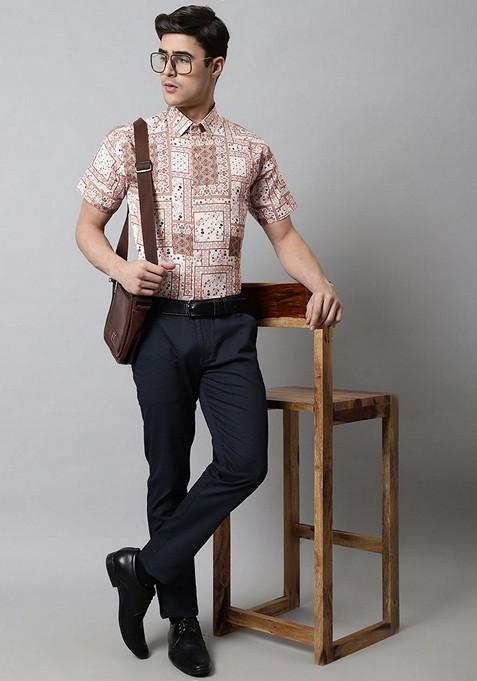 Peach Printed Cotton Shirt For Men