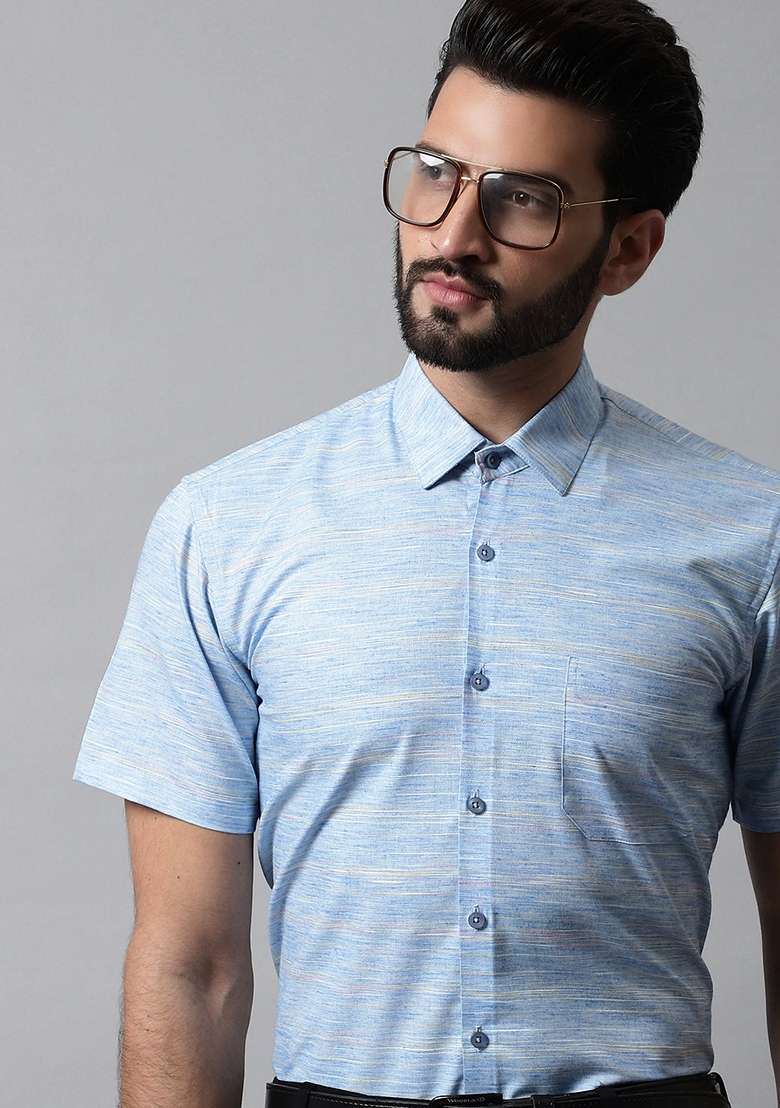 Blue Woven Design Cotton Shirt For Men - Indya