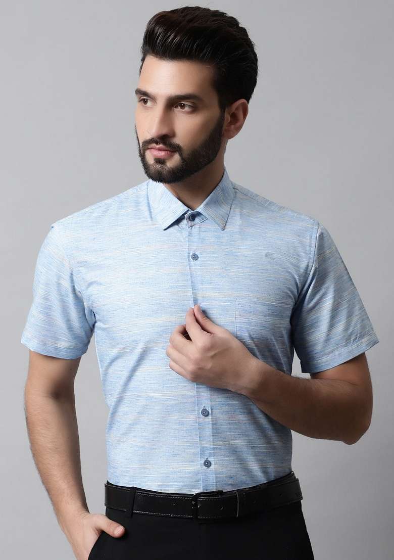 Blue Woven Design Cotton Shirt For Men - Indya