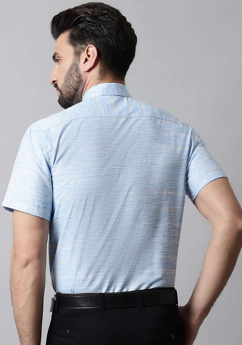Blue Woven Design Cotton Shirt For Men - Indya