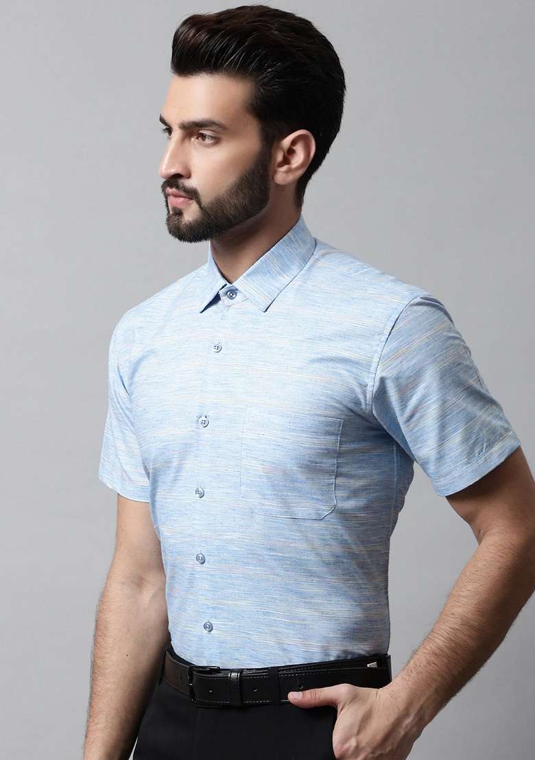 Blue Woven Design Cotton Shirt For Men - Indya