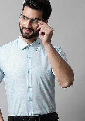 Sky Blue Woven Design Cotton Shirt For Men