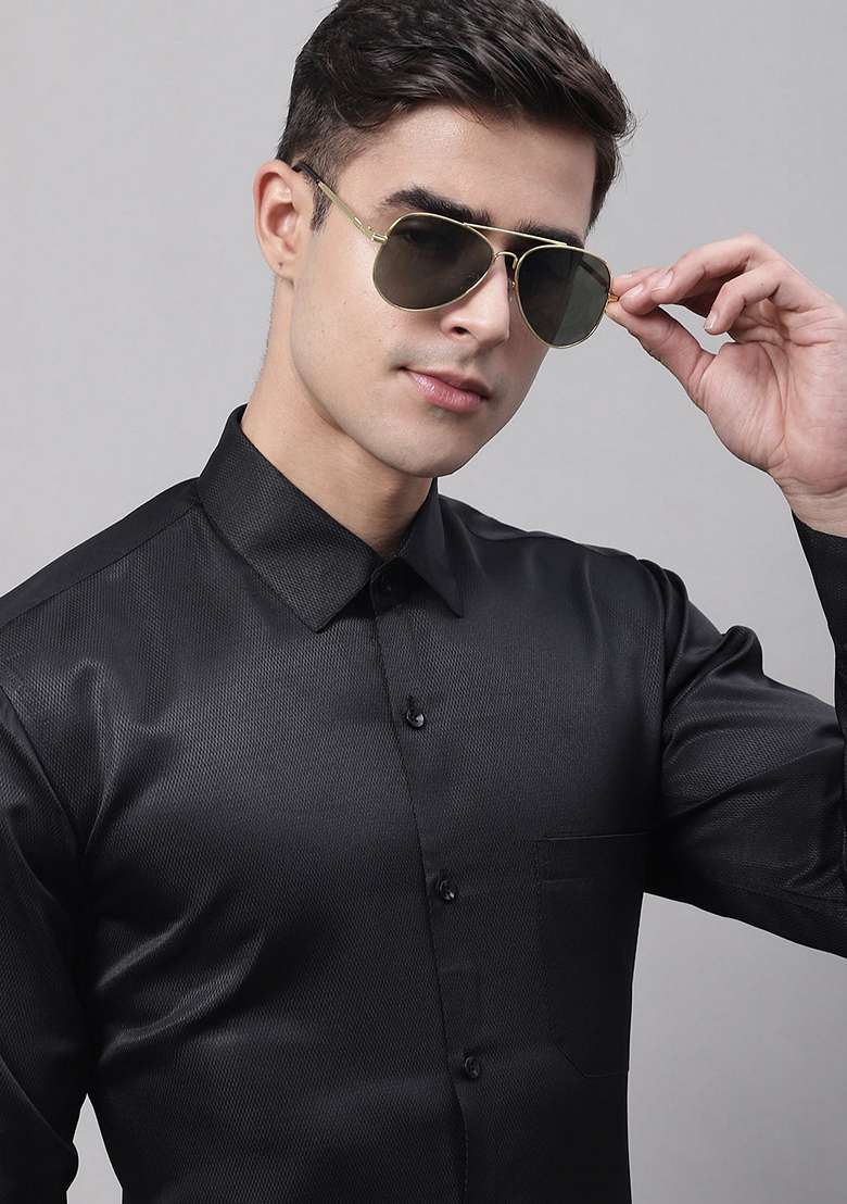 Black Cotton Blend Shirt For Men - Indya