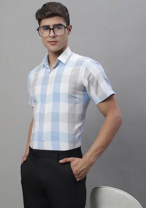 Blue Checkered Cotton Shirt For Men