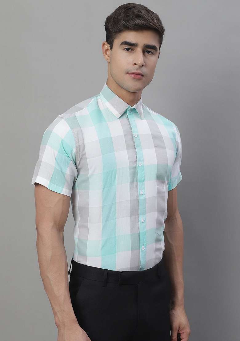 Sky Blue Checkered Cotton Shirt For Men - Indya