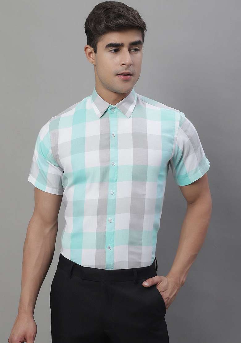 Sky Blue Checkered Cotton Shirt For Men - Indya