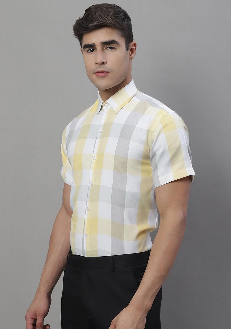 Yellow Checkered Cotton Shirt For Men