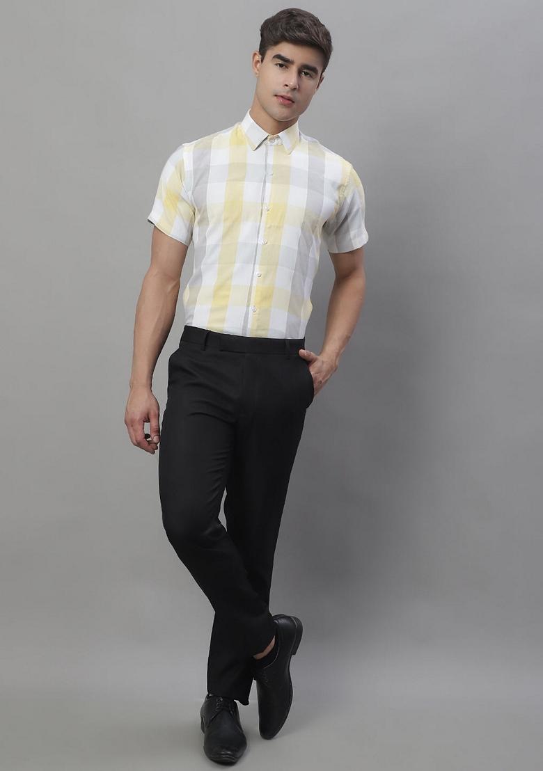 Yellow Checkered Cotton Shirt For Men