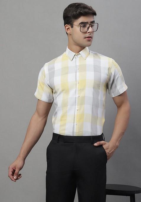 Yellow Checkered Cotton Shirt For Men