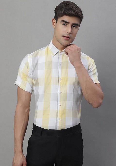 Yellow Checkered Cotton Shirt For Men
