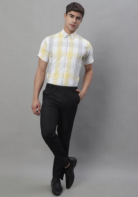 Yellow Checkered Cotton Shirt For Men