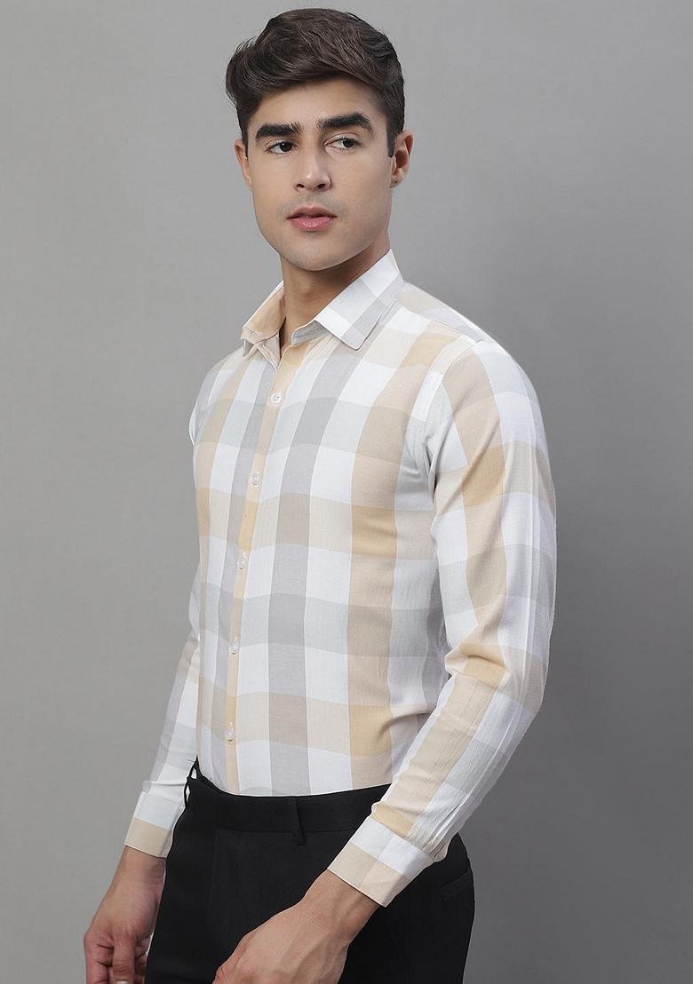 Cream Checkered Cotton Shirt For Men