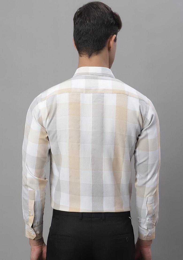 Cream Checkered Cotton Shirt For Men