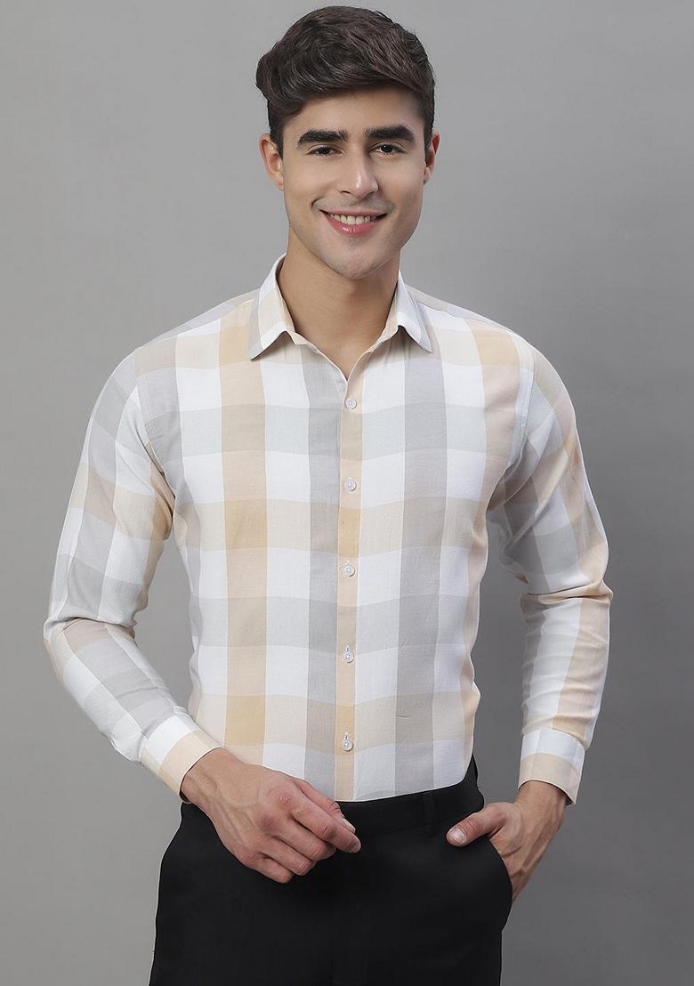 Cream Checkered Cotton Shirt For Men