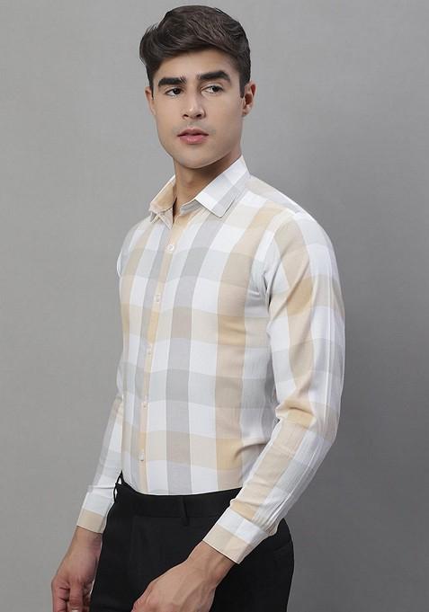 Cream Checkered Cotton Shirt For Men