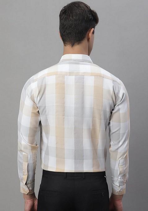 Cream Checkered Cotton Shirt For Men