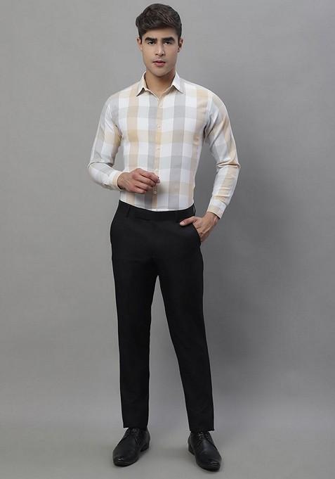 Cream Checkered Cotton Shirt For Men