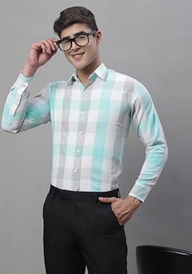 Sky Blue Checkered Cotton Shirt For Men