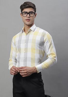 Yellow Checkered Cotton Shirt For Men