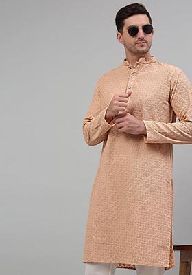 Peach Embroidered Cotton Kurta For Men