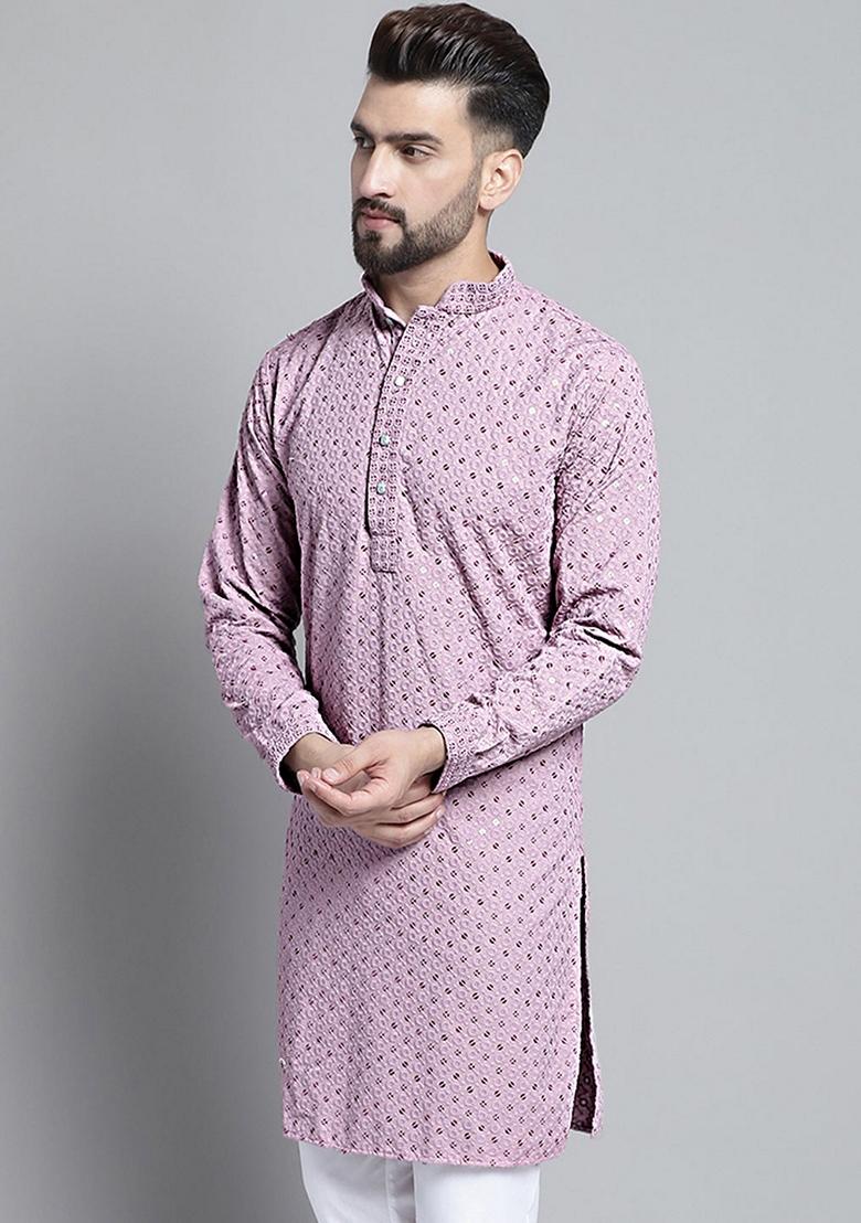 Purple Embroidered Cotton Kurta For Men