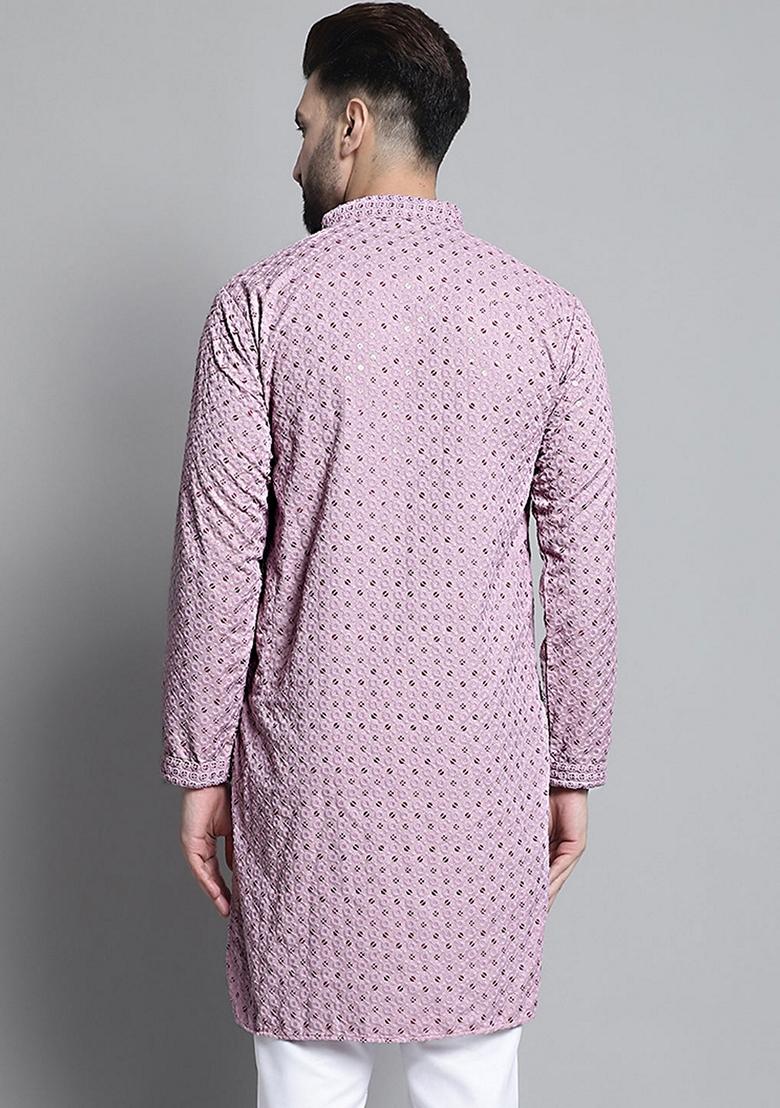Purple Embroidered Cotton Kurta For Men