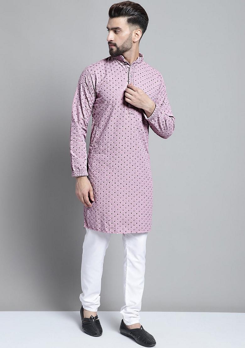 Purple Embroidered Cotton Kurta For Men