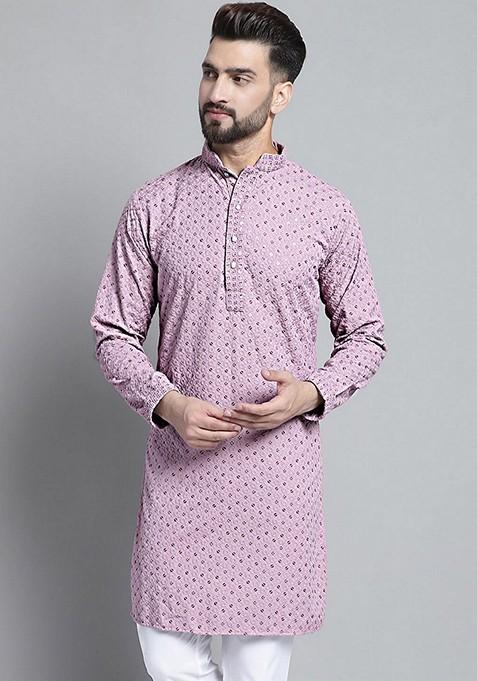 Purple Embroidered Cotton Kurta For Men