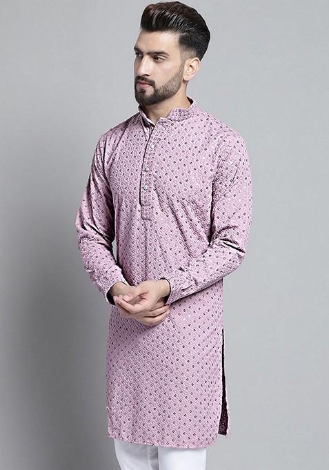 Purple Embroidered Cotton Kurta For Men